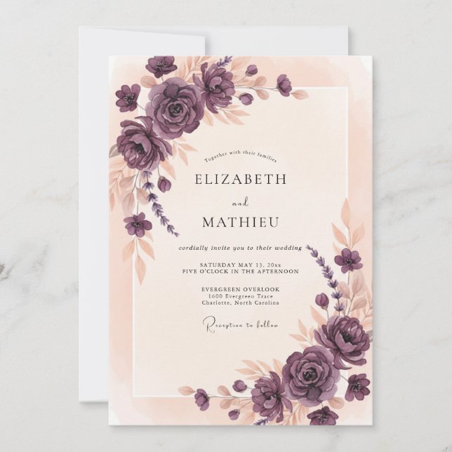 Convites Casamento com Coroa de Rosas Malva (Frente)
