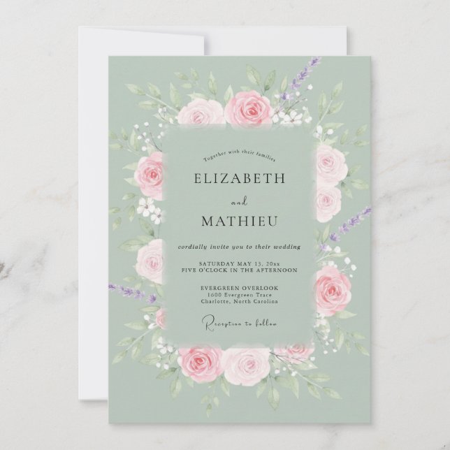 Convites Casamento com Coroa de Sage Blush (Frente)