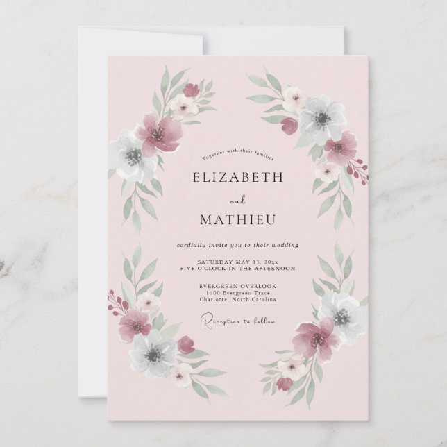 Convites Casamento com Coroa de Sage Rosa Choque (Frente)