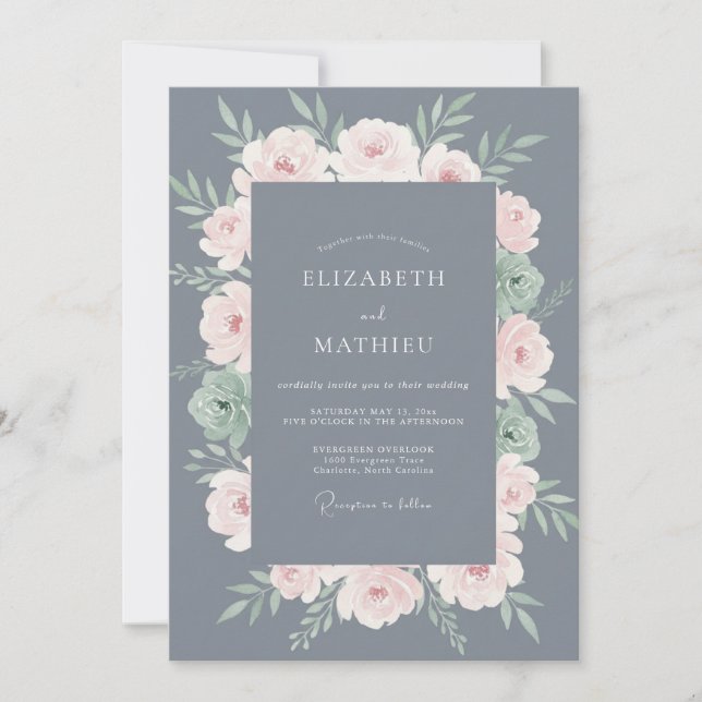 Convites Casamento com Coroa de Slate Pale Blush (Frente)