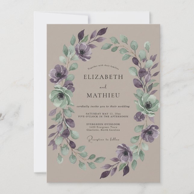 Convites Casamento com Coroa de Taupe e Ametista (Frente)