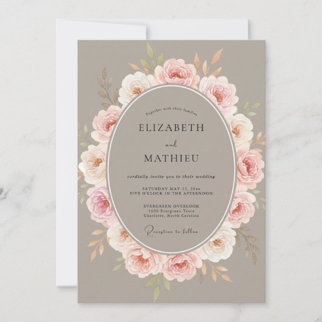Convites Casamento com Coroa de Taupe e Rubor (Frente)