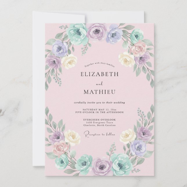 Convites Casamento com Coroa de Tons Pastéis Rosados (Frente)