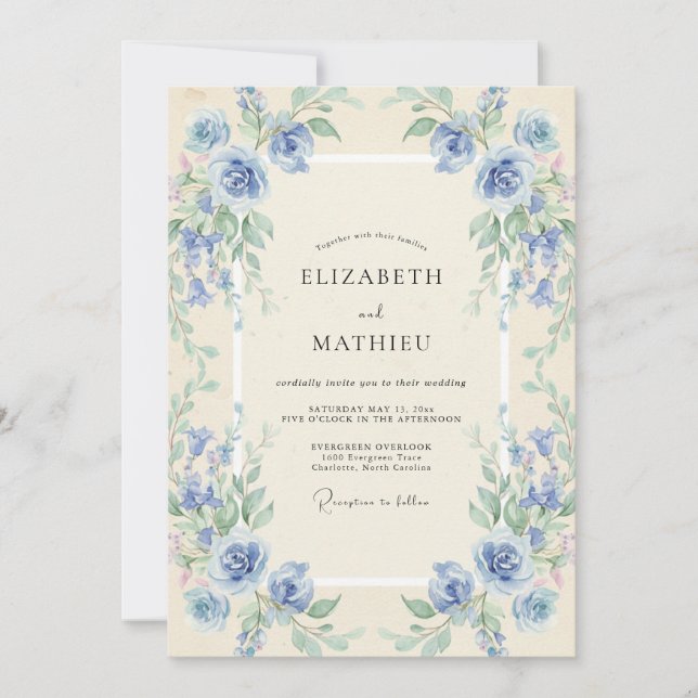 Convites Casamento com Coroa de Vinca Azul-Celeste (Frente)