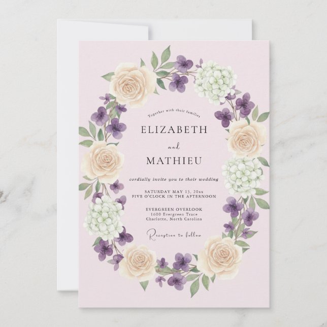 Convites Casamento com Coroa de Violeta Rosada (Frente)