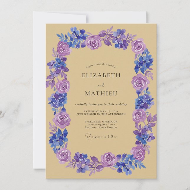 Convites Casamento com Coroa de Violetas e Periwinkle (Frente)