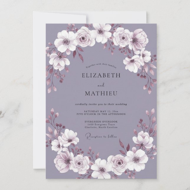 Convites Casamento com Coroa Floral de Lilás (Frente)