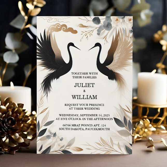 Convites Casamento com Crane de Nuvem na Ásia rustica da pe (Criador carregado)