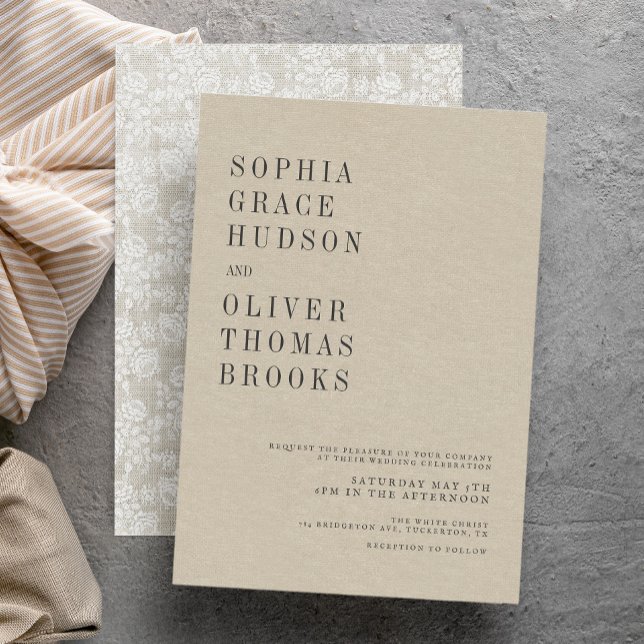 Convites Casamento com Cream Faux Linen & Lace Chic Country (Criador carregado)