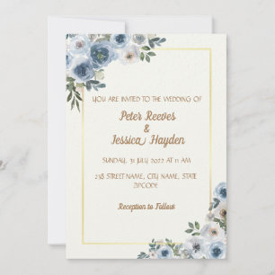 Convites Casamento com Creme, Borda Dourada e Flores Azuis
