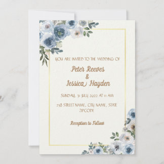Convites Casamento com Creme, Borda Dourada e Flores Azuis