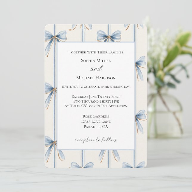 Convites Casamento com Creme de Laços Azuis (Em pé/Frente)