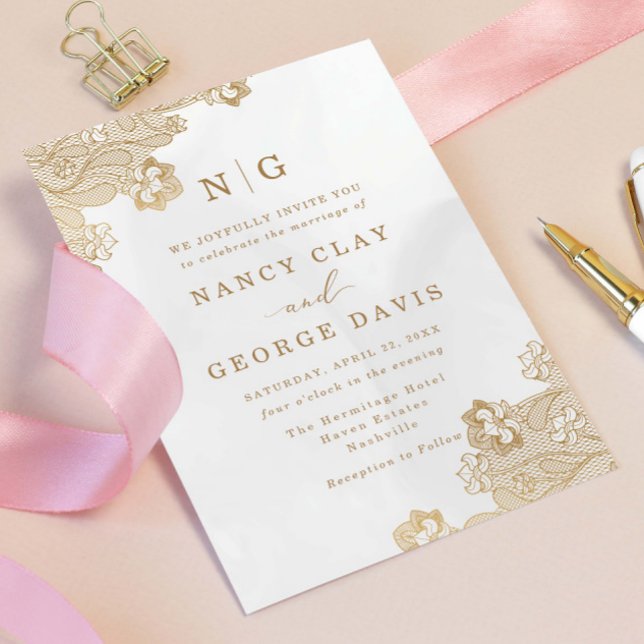 Convites Casamento com Creme de Ornamentado Dourado Monogra (Criador carregado)