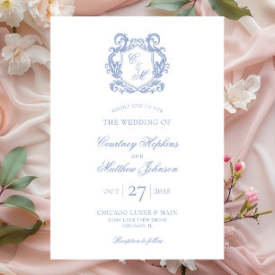 Convites Casamento com Crista de Monograma Azul Elegante Po