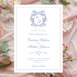 Convites Casamento com Crista de Monograma Azul Elegante Po
