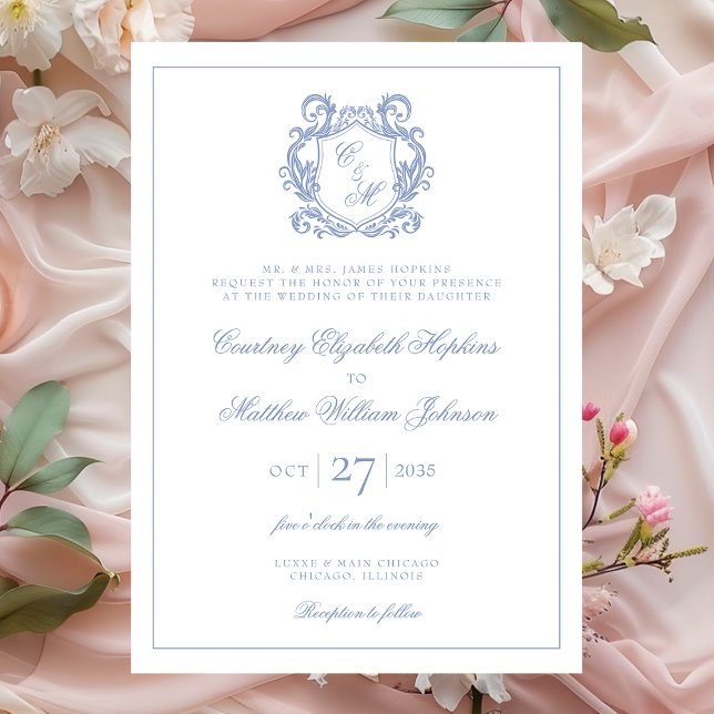 Convites Casamento com Crista de Monograma Azul Elegante Po (Criador carregado)