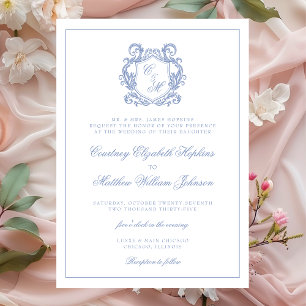 Convites Casamento com Crista de Monograma Azul Elegante Po