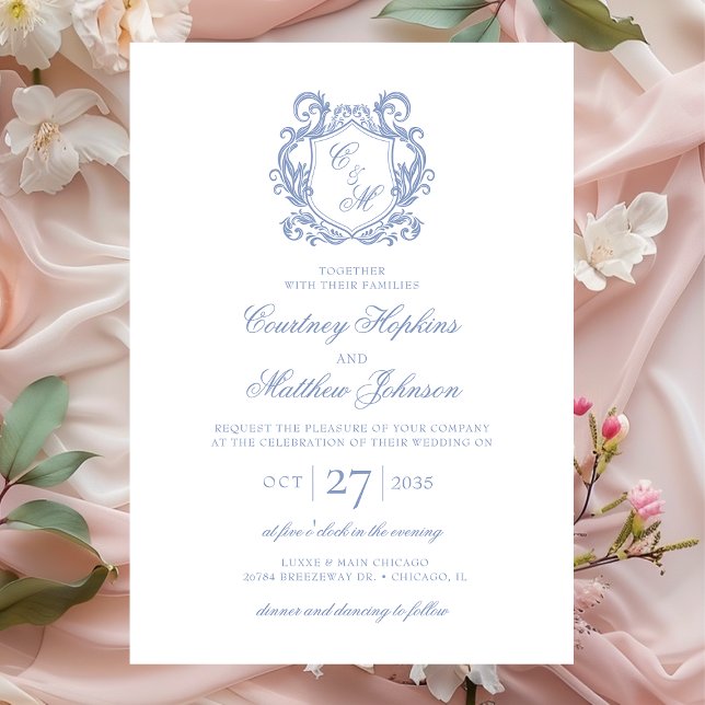 Convites Casamento com Crista de Monograma Azul Elegante Po (Criador carregado)