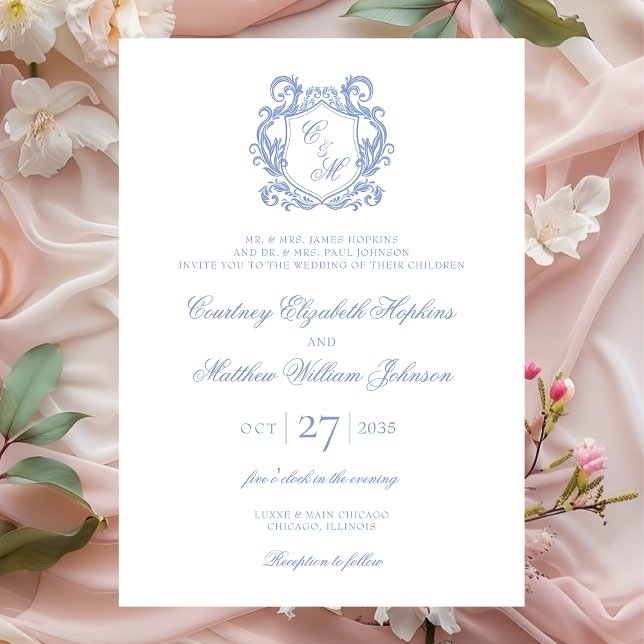 Convites Casamento com Crista de Monograma Azul Elegante Po (Criador carregado)