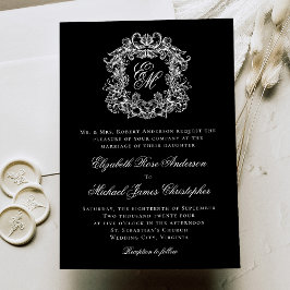 Convites Casamento com Crista de Monograma Elegante Preto e