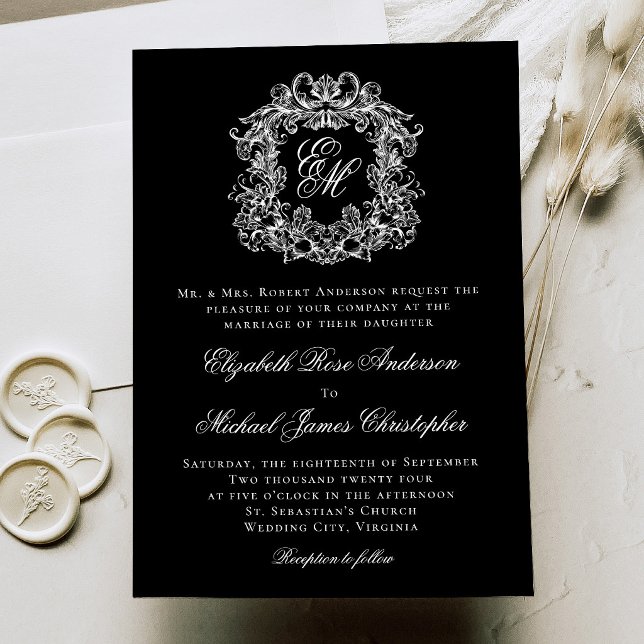 Convites Casamento com Crista de Monograma Elegante Preto e (Criador carregado)