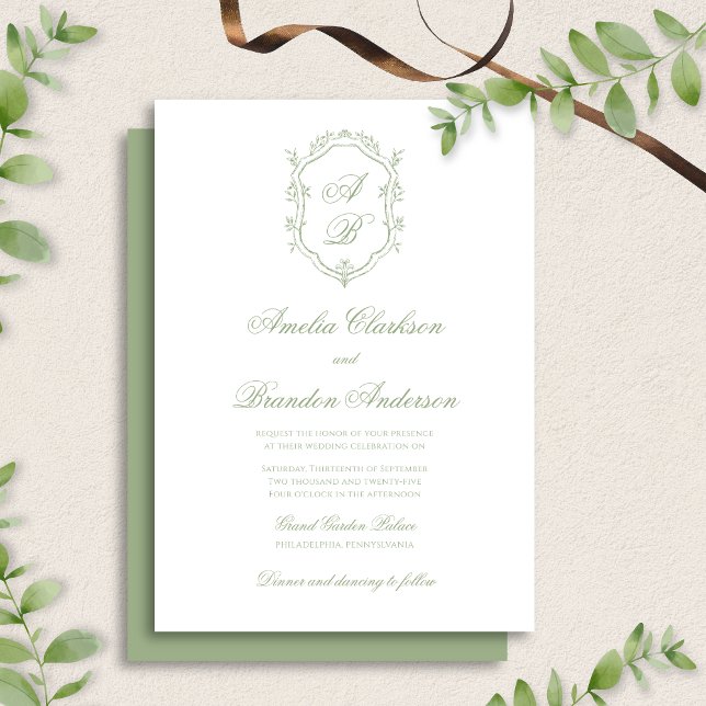 Convites Casamento com Crista de Monograma em Verde Sage Cl (Criador carregado)