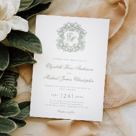 Convites Casamento com Crista de Monograma Verde Sage Elega