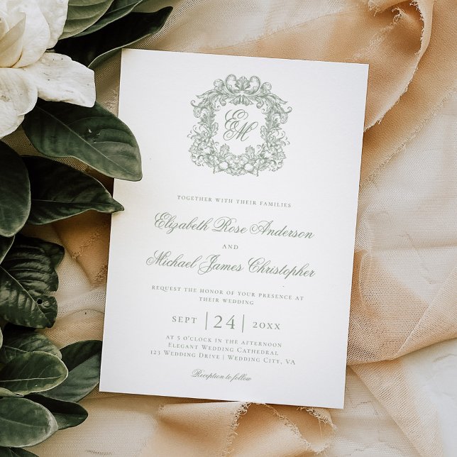 Convites Casamento com Crista de Monograma Verde Sage Elega (Criador carregado)