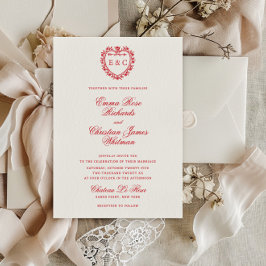 Convites Casamento com Crista de Monograma Vermelho Românti