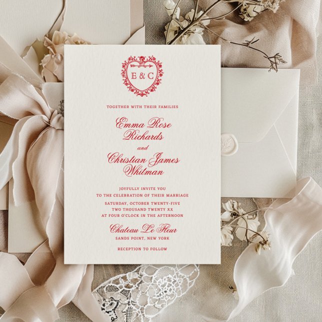 Convites Casamento com Crista de Monograma Vermelho Românti (Criador carregado)