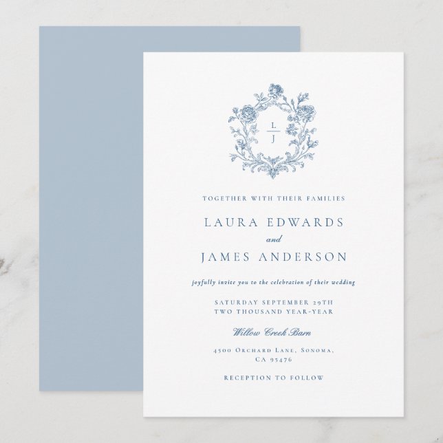 Convites Casamento com Crista Floral Azul Elegante e Listra (Frente/Verso)