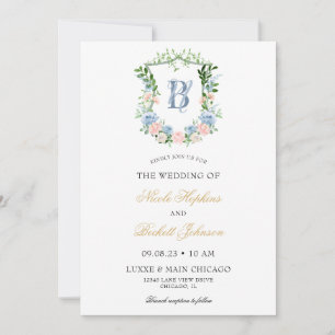Convites Casamento com Crista Floral Azul Empoeirado