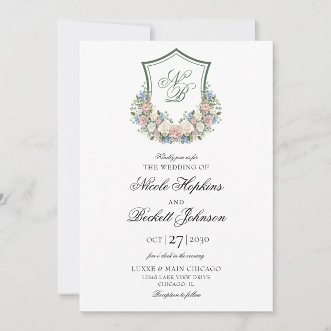 Convites Casamento com Crista Floral Azul Empoeirado (Frente)