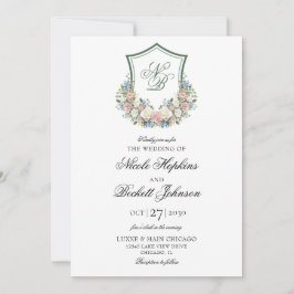Convites Casamento com Crista Floral Azul Empoeirado