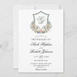 Convites Casamento com Crista Floral Azul Empoeirado