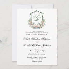 Convites Casamento com Crista Floral Azul Empoeirado