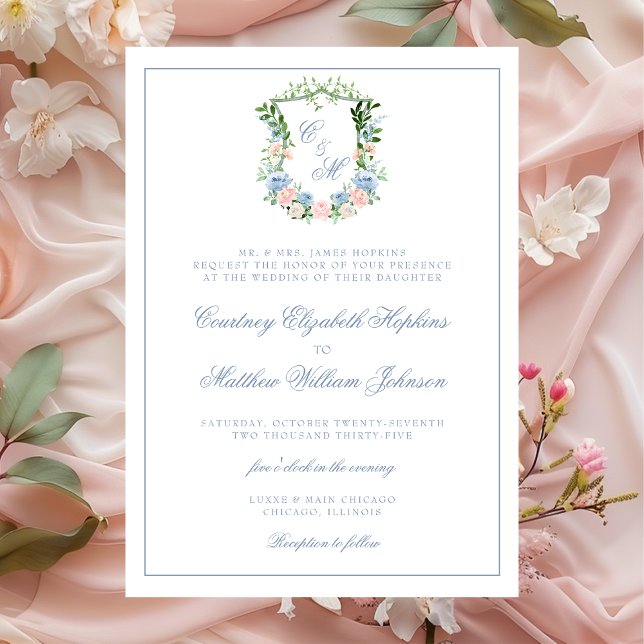 Convites Casamento com Crista Floral Azul Empoeirado (Criador carregado)