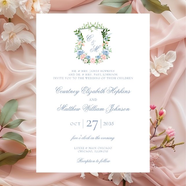 Convites Casamento com Crista Floral Azul Empoeirado (Criador carregado)