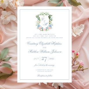 Convites Casamento com Crista Floral Azul Empoeirado