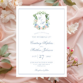 Convites Casamento com Crista Floral Azul Empoeirado