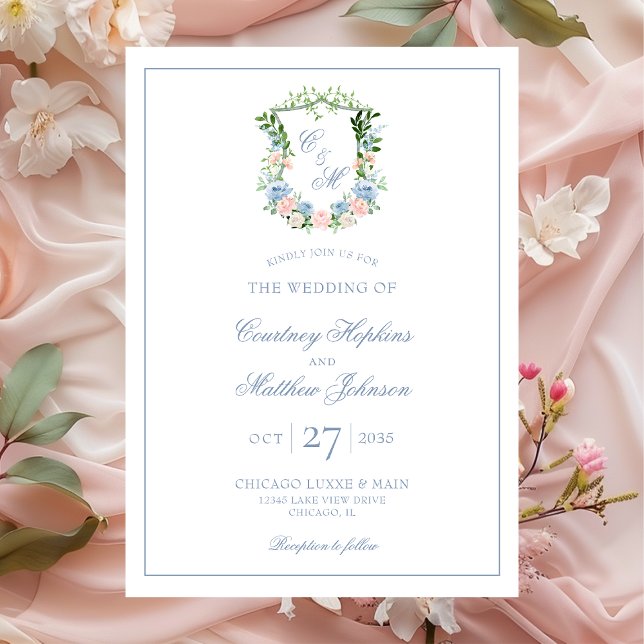 Convites Casamento com Crista Floral Azul Empoeirado (Criador carregado)