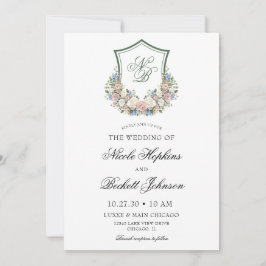 Convites Casamento com Crista Floral Azul Empoeirado