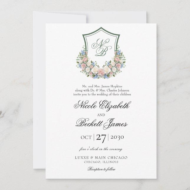 Convites Casamento com Crista Floral Azul Empoeirado (Frente)