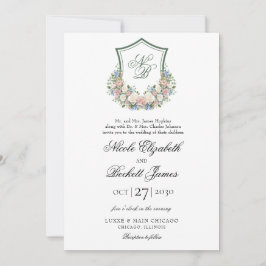 Convites Casamento com Crista Floral Azul Empoeirado