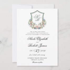 Convites Casamento com Crista Floral Azul Empoeirado