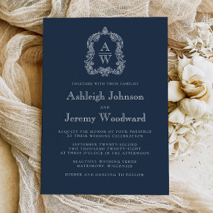 Convites Casamento com Crista Monograma Azul Marinho Clássi