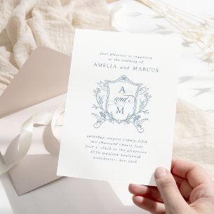 Convites Casamento com Crista Vintage Azul Empoeirado