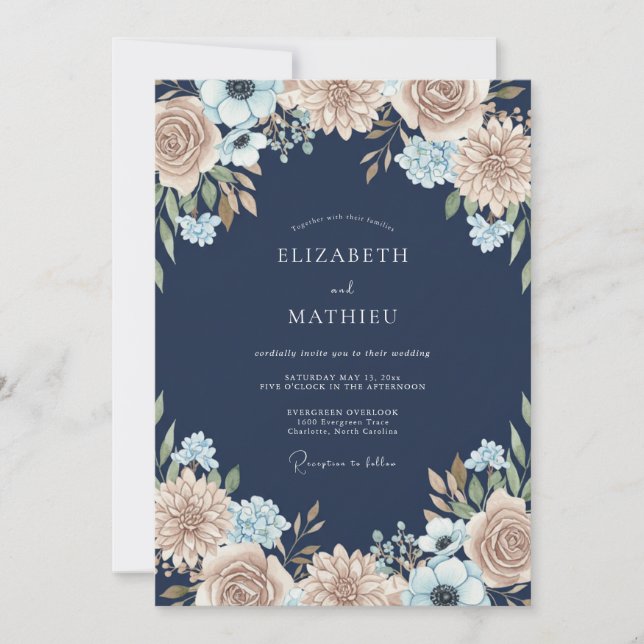 Convites Casamento com Dahlia Champanhe Azul-Marinho (Frente)
