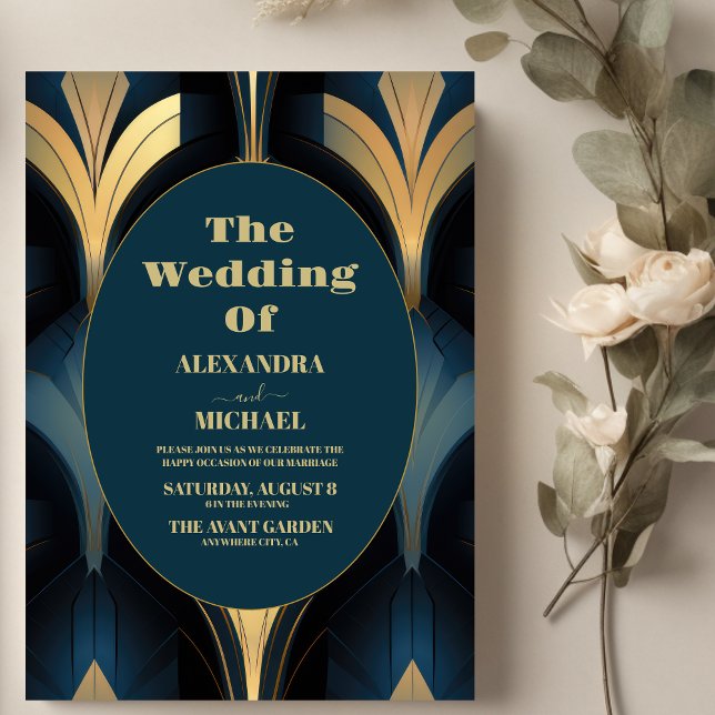 Convites Casamento com Deco Azul e Dourado de Arte (Criador carregado)