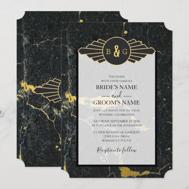 Convites Casamento com Deco de Arte Marble Dourada Preta (Frente/Verso)
